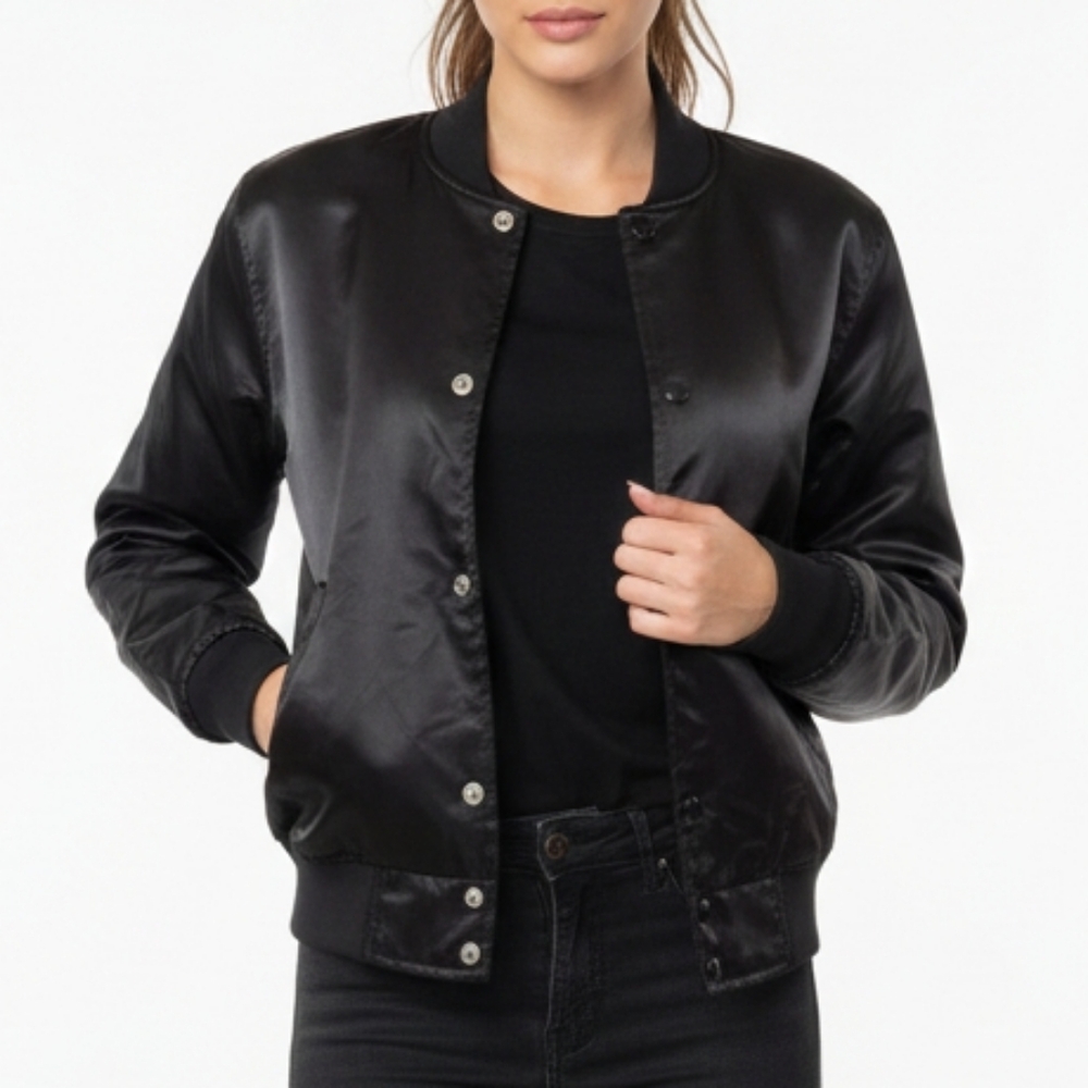 Satin Bomber Jacket Button Front Quilted Lining Pilot Aviator Black